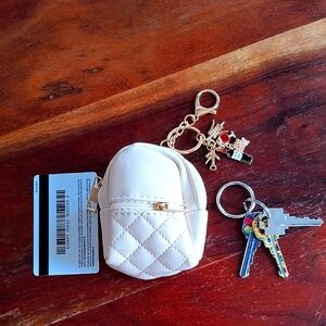 Mini Cream Vegan Leather Quilted Backpack Keychain. New